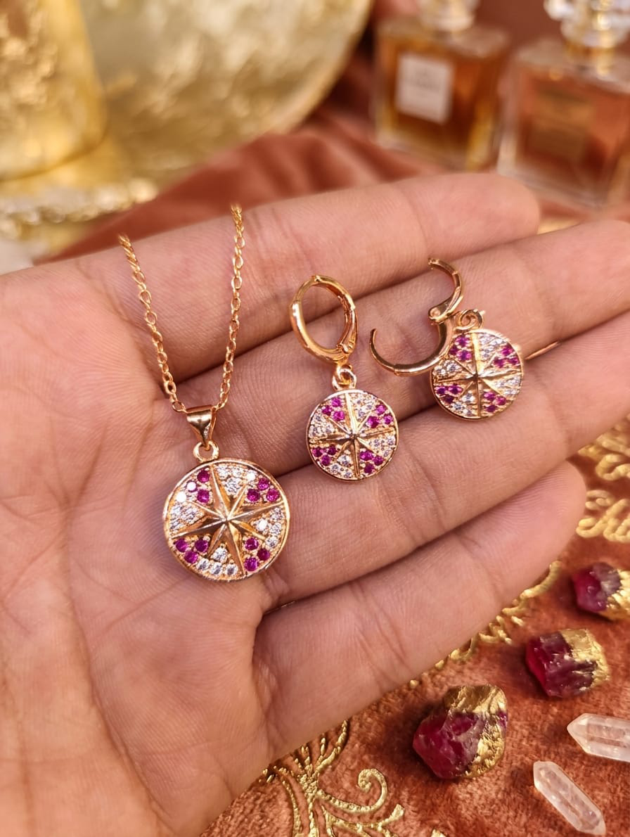 Pink Crystal Starburst Necklace & Earrings Set