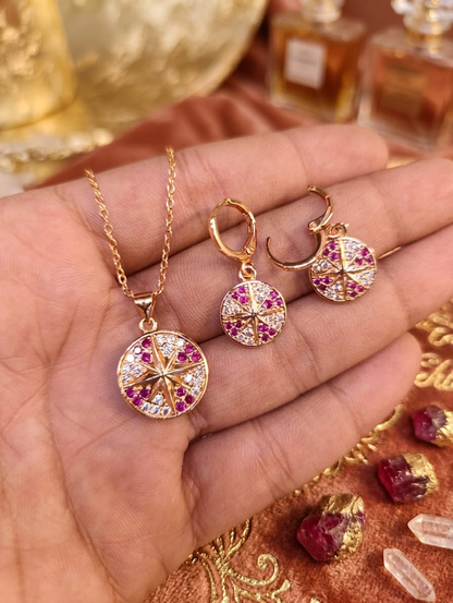 Pink Crystal Starburst Necklace & Earrings Set