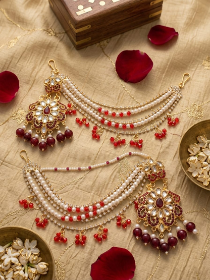 Red Floral Earrings with Attached Ear Chains
