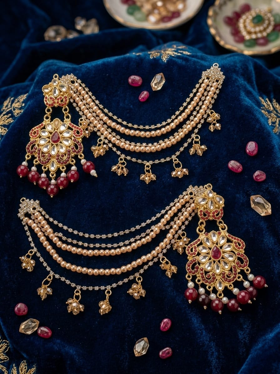 Red Floral Earrings with Attached Ear Chains