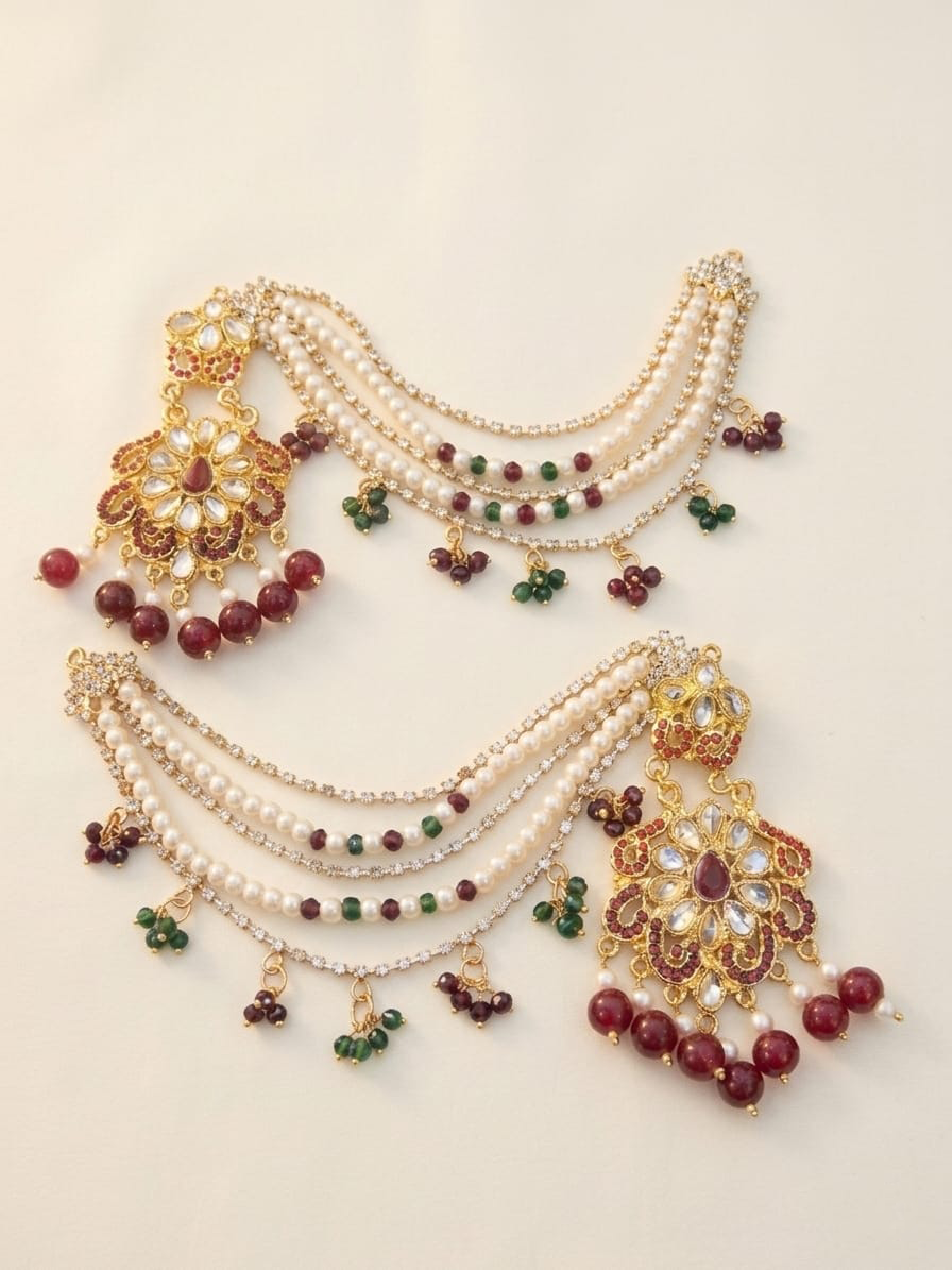 Red Floral Earrings with Attached Ear Chains