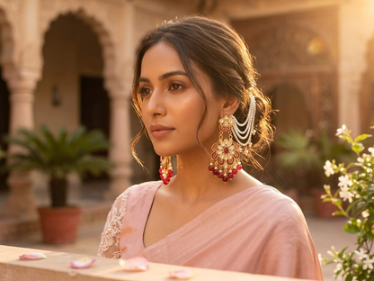 Red Floral Earrings with Attached Ear Chains