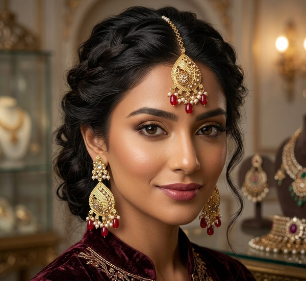 South Asian Festive Earrings with Hair Jewellery