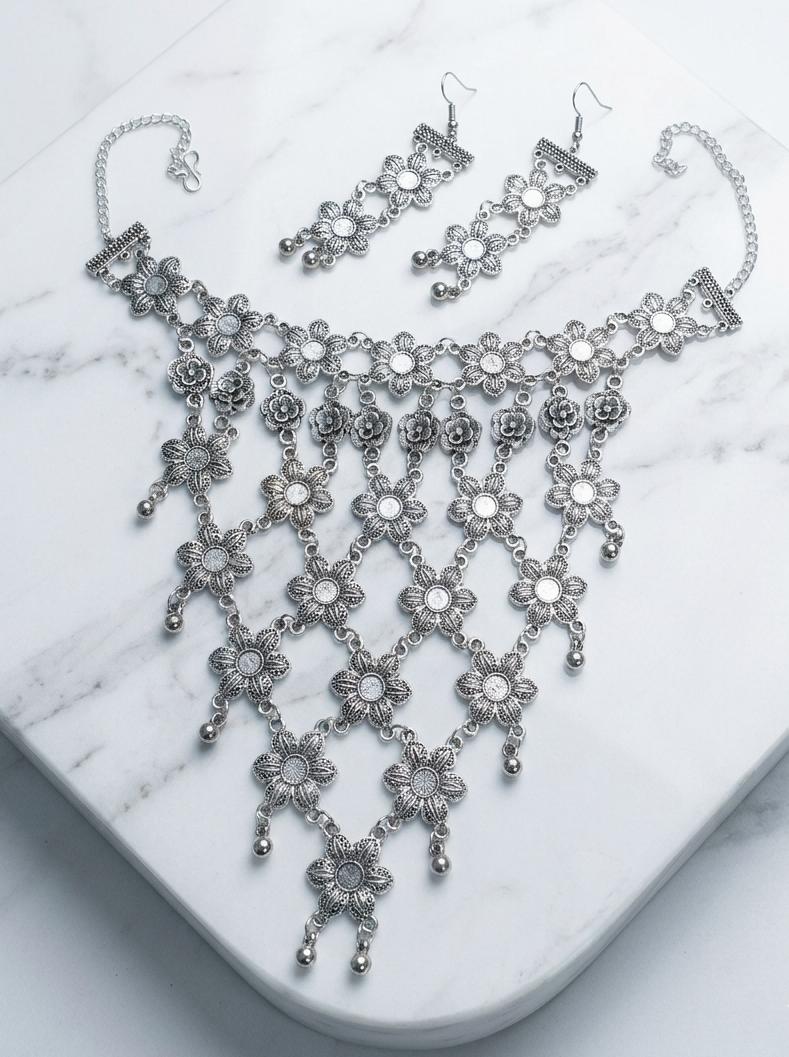 Traditional Layered Silver Bib Necklace