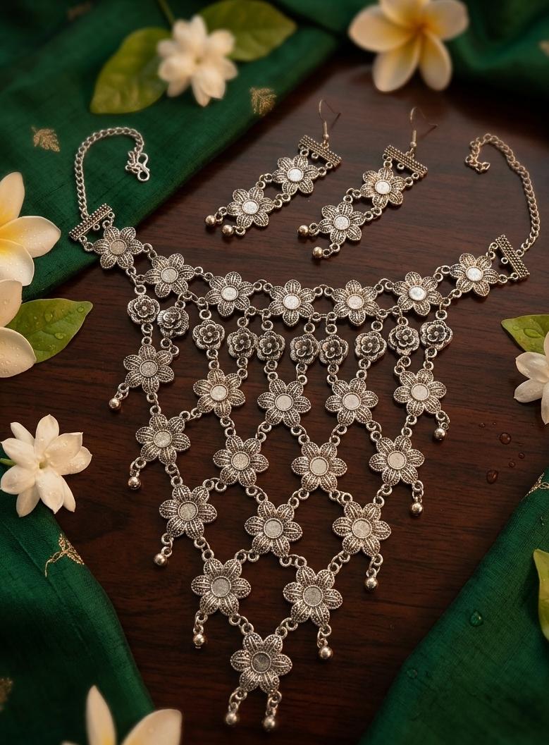 Traditional Layered Silver Bib Necklace