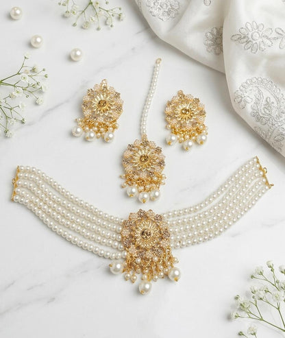 Traditional Beaded Necklace Set With Matching Earrings & Maang Tikka