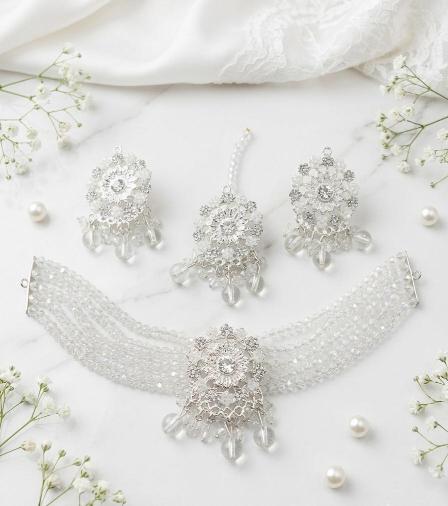 Traditional Beaded Necklace Set With Matching Earrings & Maang Tikka