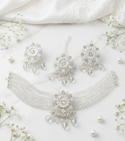 Traditional Beaded Necklace Set With Matching Earrings & Maang Tikka