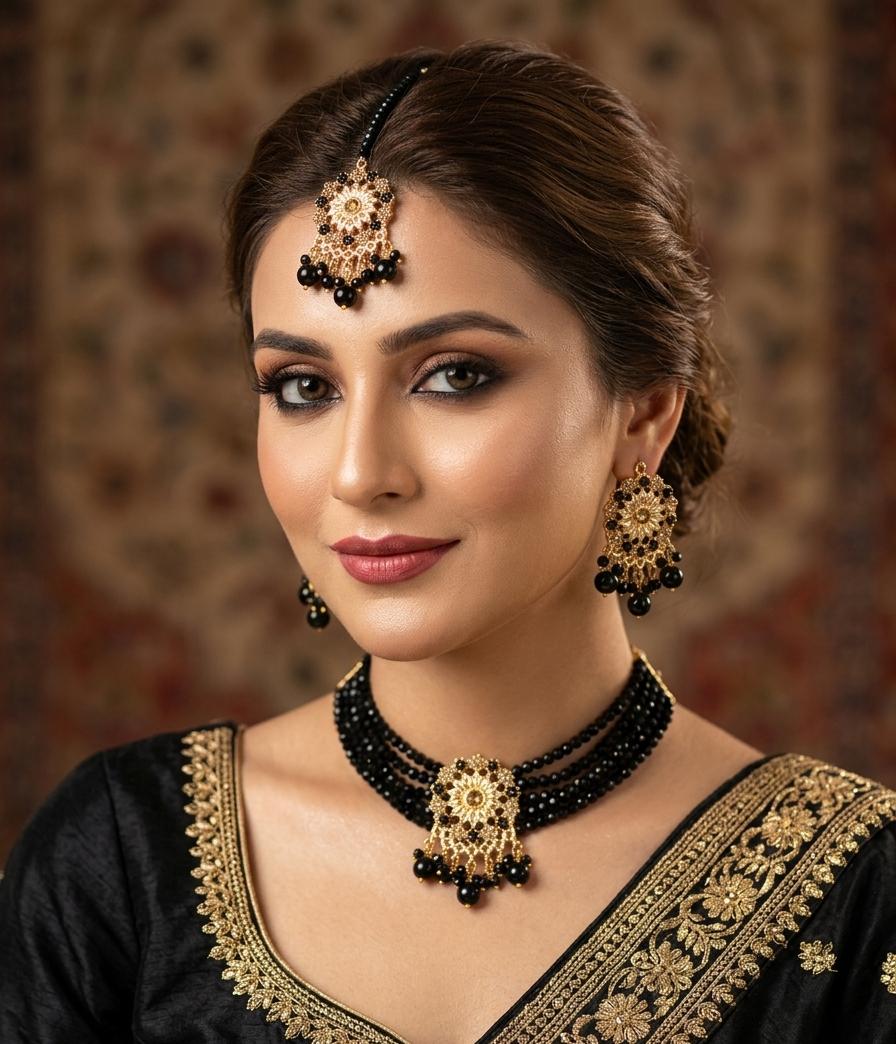 Traditional Beaded Necklace Set With Matching Earrings & Maang Tikka