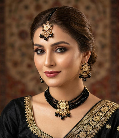 Traditional Beaded Necklace Set With Matching Earrings & Maang Tikka