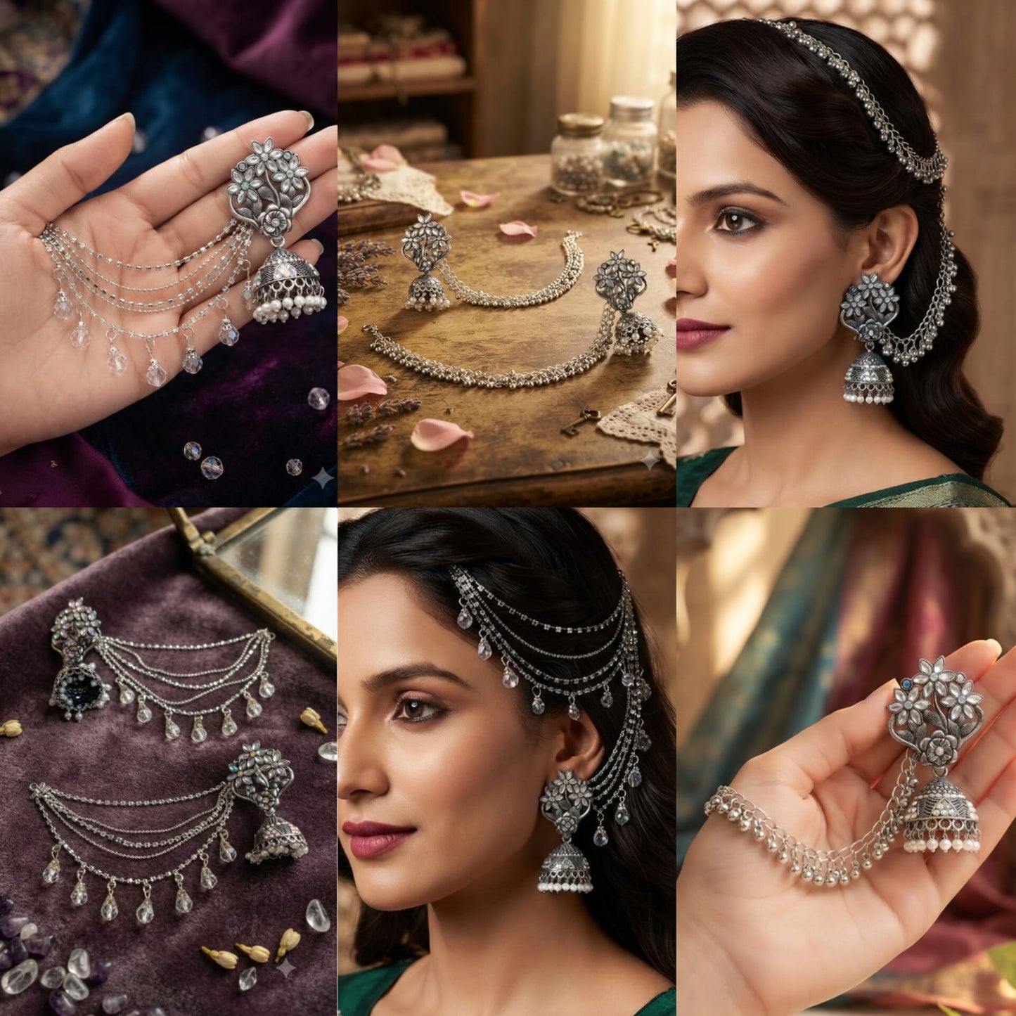 Indian Steel Kundan Jhumka with Saharay | Oxidized Silver Jhumki Earring with Ear Chain | Traditional Bridal Jewelry | Gift for Her