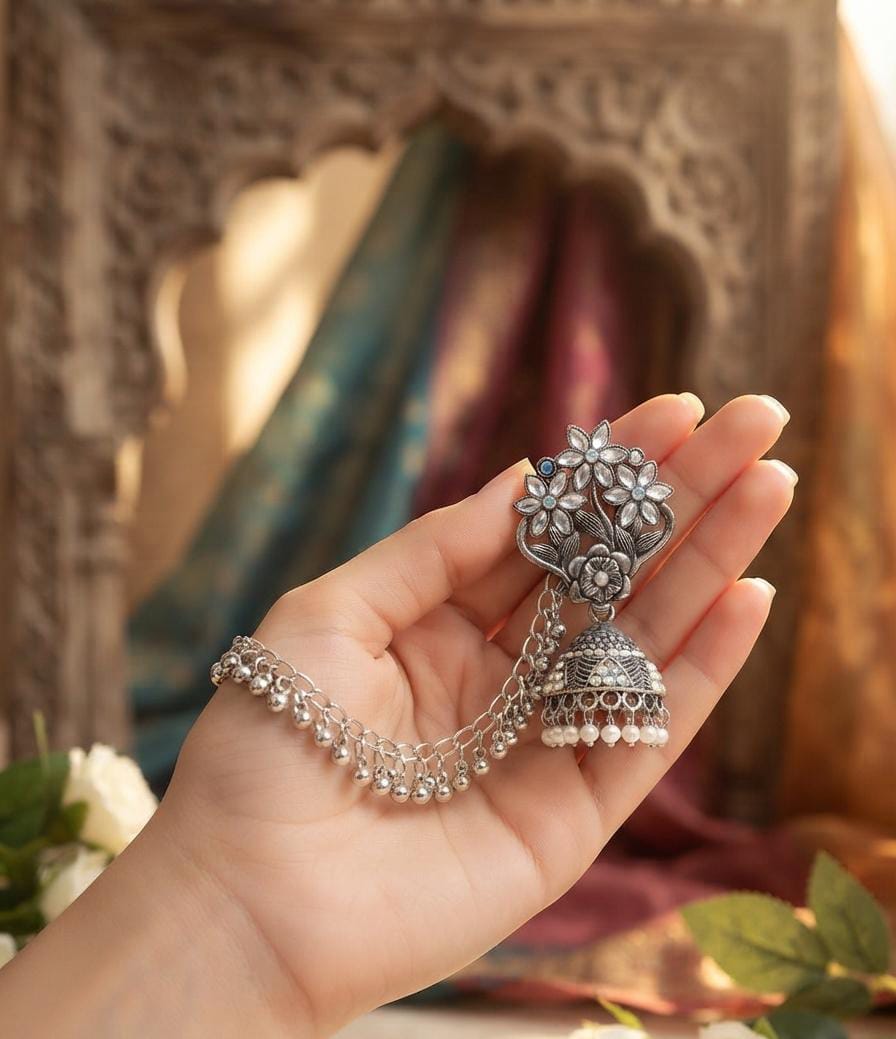 Indian Steel Kundan Jhumka with Saharay | Oxidized Silver Jhumki Earring with Ear Chain | Traditional Bridal Jewelry | Gift for Her
