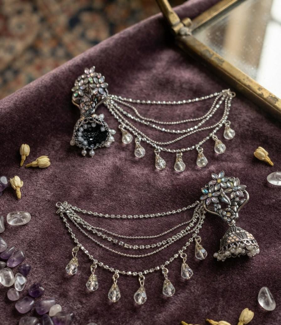 Indian Steel Kundan Jhumka with Saharay | Oxidized Silver Jhumki Earring with Ear Chain | Traditional Bridal Jewelry | Gift for Her