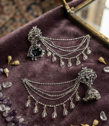 Indian Steel Kundan Jhumka with Saharay | Oxidized Silver Jhumki Earring with Ear Chain | Traditional Bridal Jewelry | Gift for Her