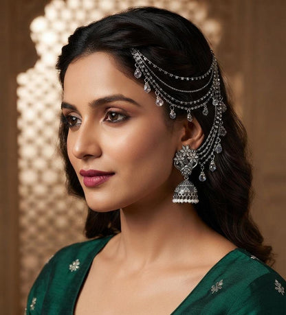 Indian Steel Kundan Jhumka with Saharay | Oxidized Silver Jhumki Earring with Ear Chain | Traditional Bridal Jewelry | Gift for Her