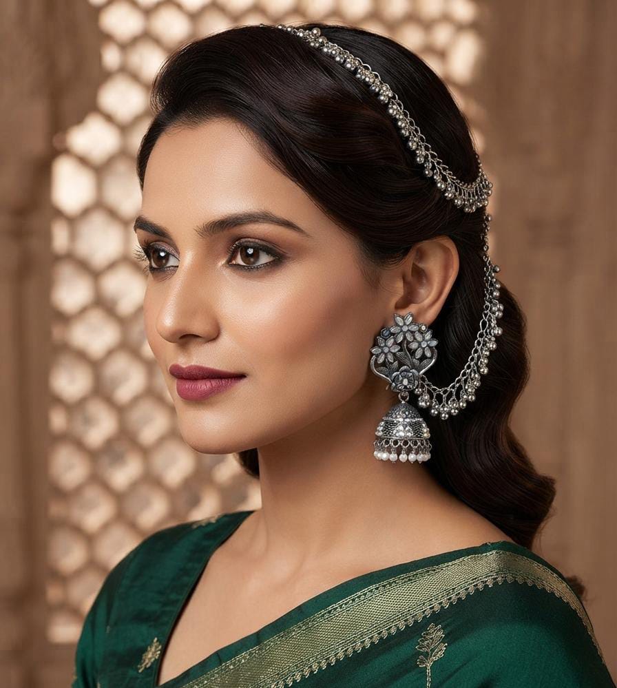 Indian Steel Kundan Jhumka with Saharay | Oxidized Silver Jhumki Earring with Ear Chain | Traditional Bridal Jewelry | Gift for Her