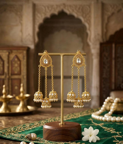 Traditional Gold Jhumka Earrings with Pearls