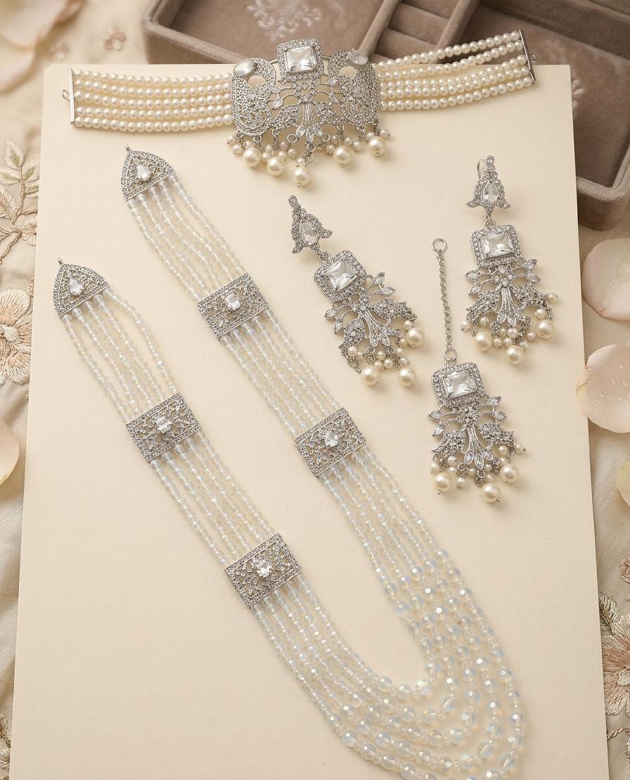Silver Choker Set Crystal Mala