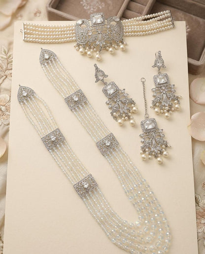 Silver Choker Set Crystal Mala
