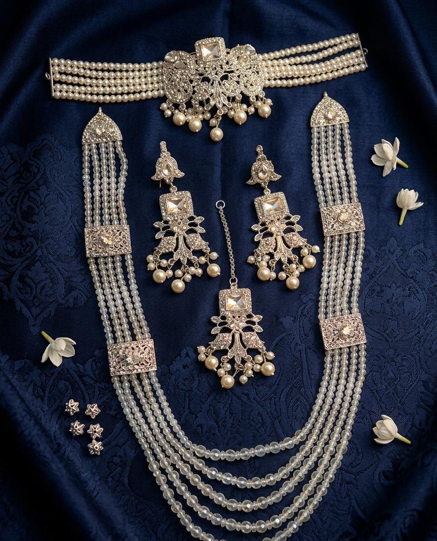 Silver Choker Set Crystal Mala