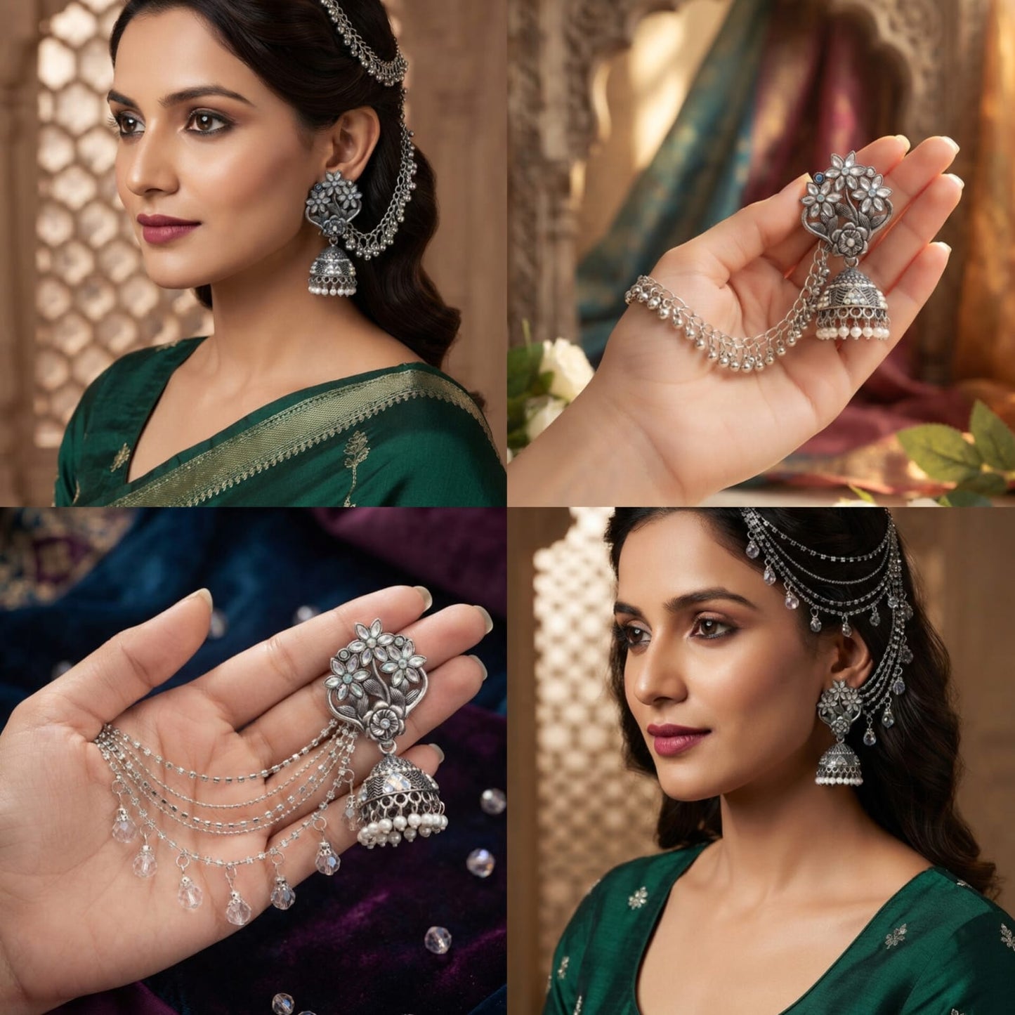 Indian Steel Kundan Jhumka with Saharay | Oxidized Silver Jhumki Earring with Ear Chain | Traditional Bridal Jewelry | Gift for Her