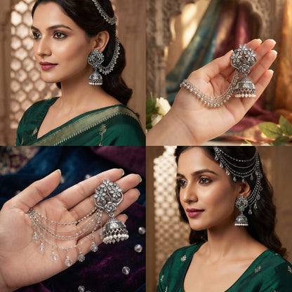 Indian Steel Kundan Jhumka with Saharay | Oxidized Silver Jhumki Earring with Ear Chain | Traditional Bridal Jewelry | Gift for Her